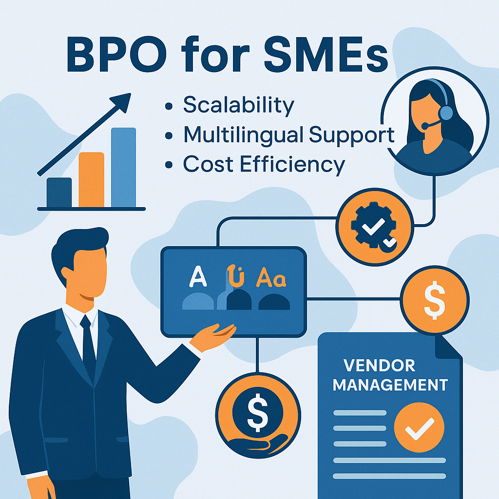 Infographic illustrating BPO advantages for SMEs, including scalability, multilingual support, and cost efficiency.