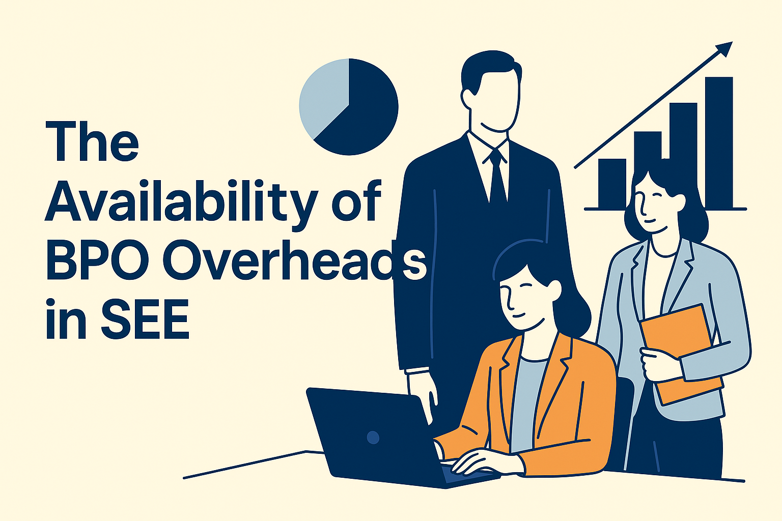 Flat-style illustration of three professionals around a laptop, discussing data, with a pie chart and bar graph in the background; beige and dark blue palette.