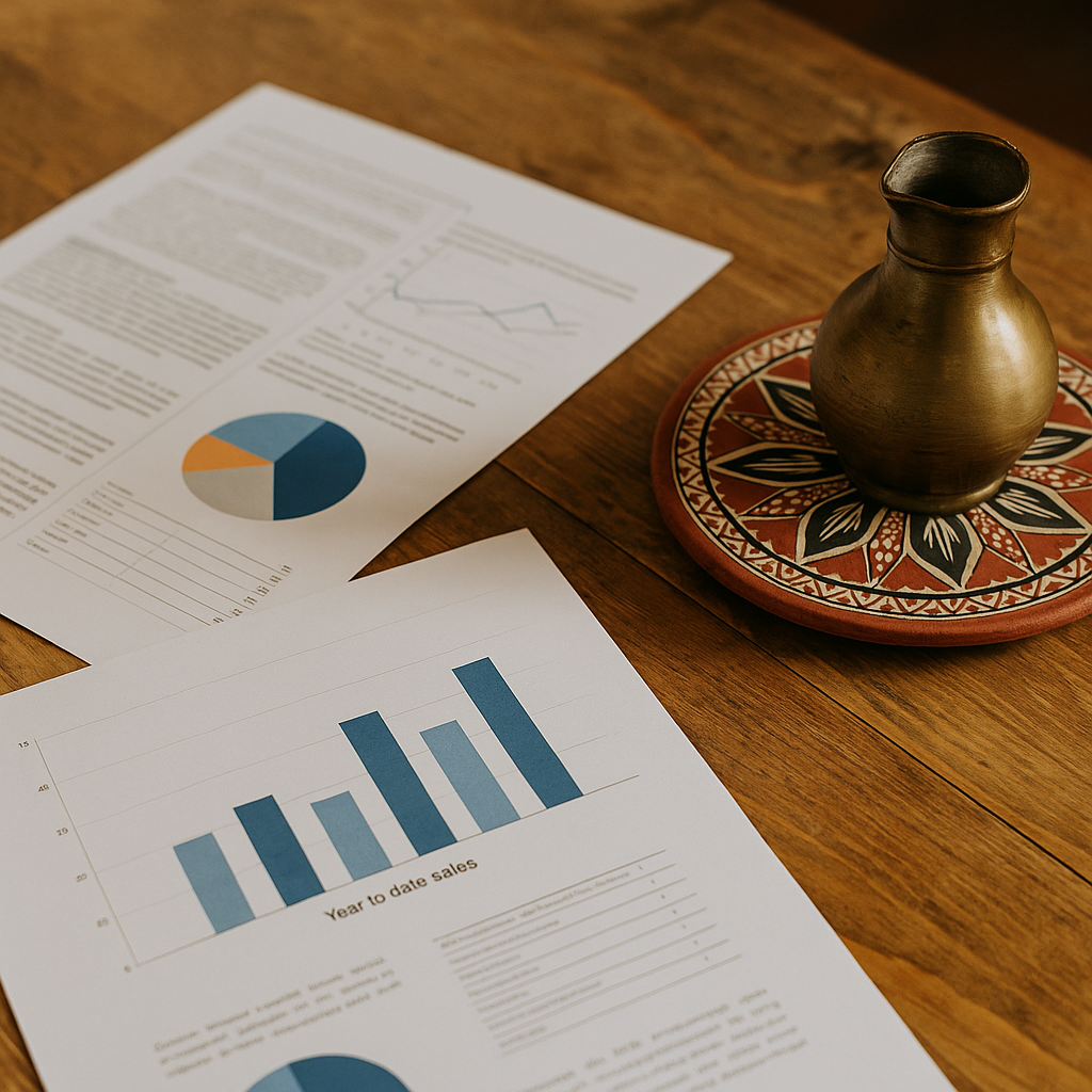 Business charts and financial documents beside a traditional Balkan pitcher on a hand-painted plate