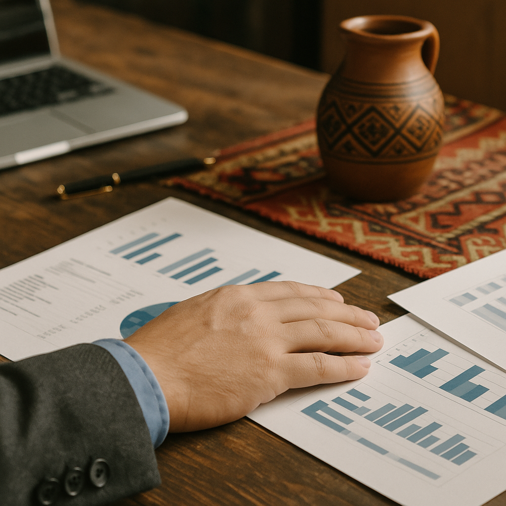 Business documents with graphs on a wooden desk next to a traditional Balkan ceramic pitcher