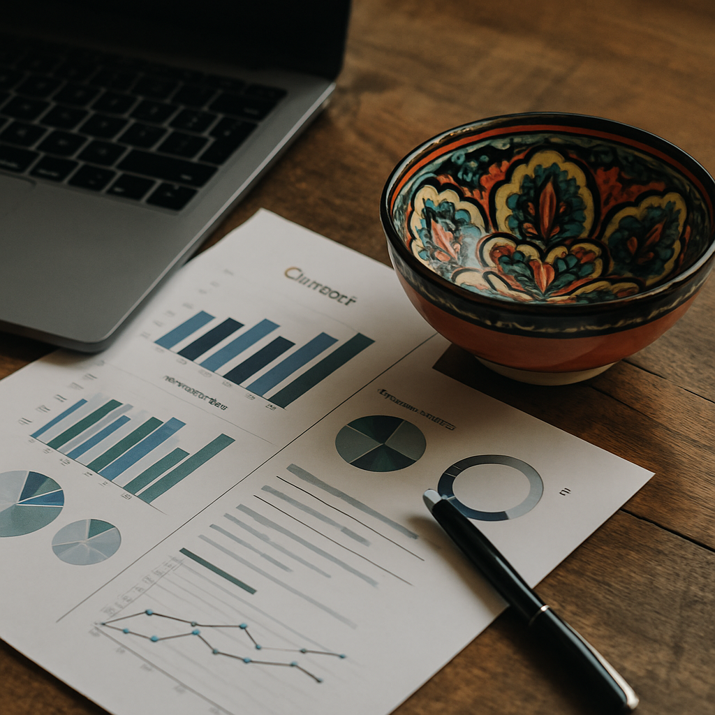 Business analytics and charts beside a traditional Balkan ceramic bowl on a rustic desk