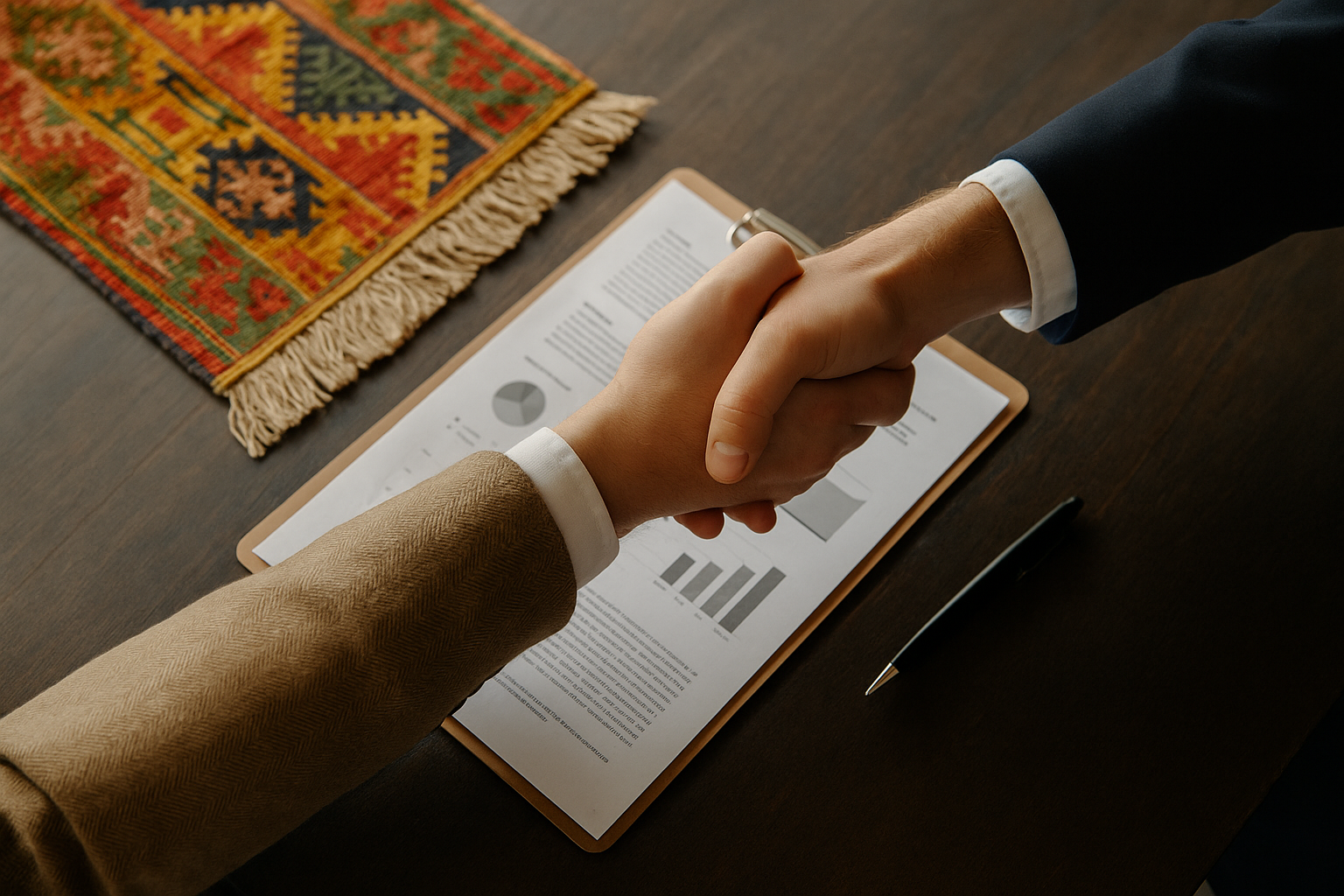 Handshake over business documents near a traditional Balkan rug symbolizing strategic partnerships
