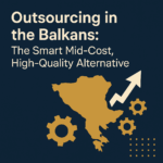 Illustrated map of the Balkans with upward arrow and gears, symbolizing smart outsourcing growth.