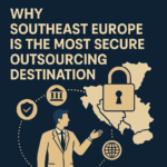 : Illustrated map of Southeast Europe with a lock symbol and outsourcing icons. Title: Security and Outsourcing in SEE