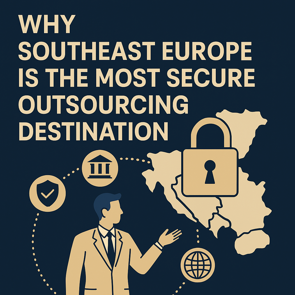 : Illustrated map of Southeast Europe with a lock symbol and outsourcing icons. Title: Security and Outsourcing in SEE